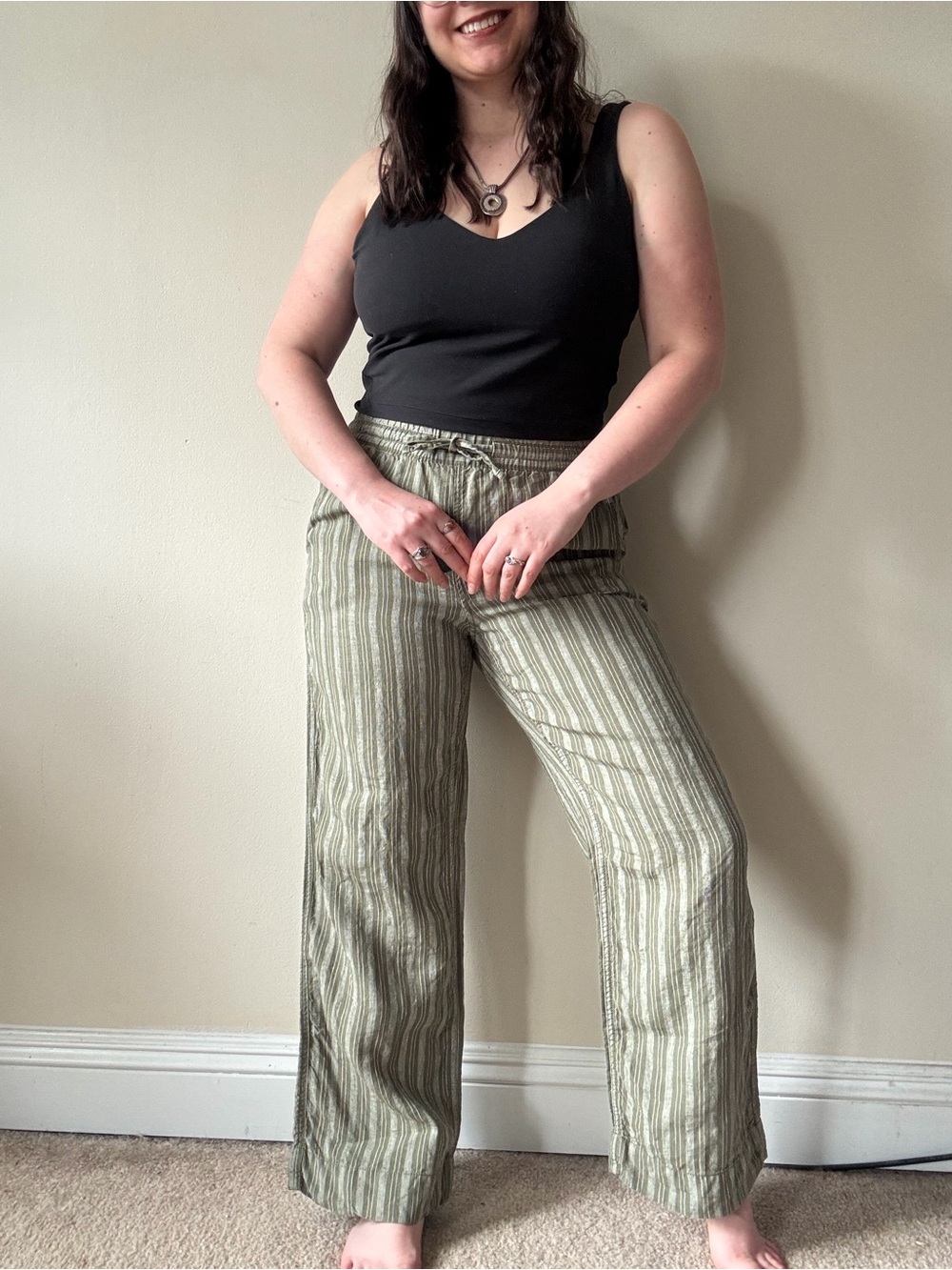 LL Bean Wide-Leg Striped Linen Pants in Olive
